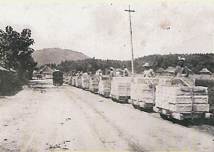 The Oya Highway in the 1910s and 20s. Passenger car pushed by men near Takaragi (Tagesan Mountain in the far back, car approaching from the back)